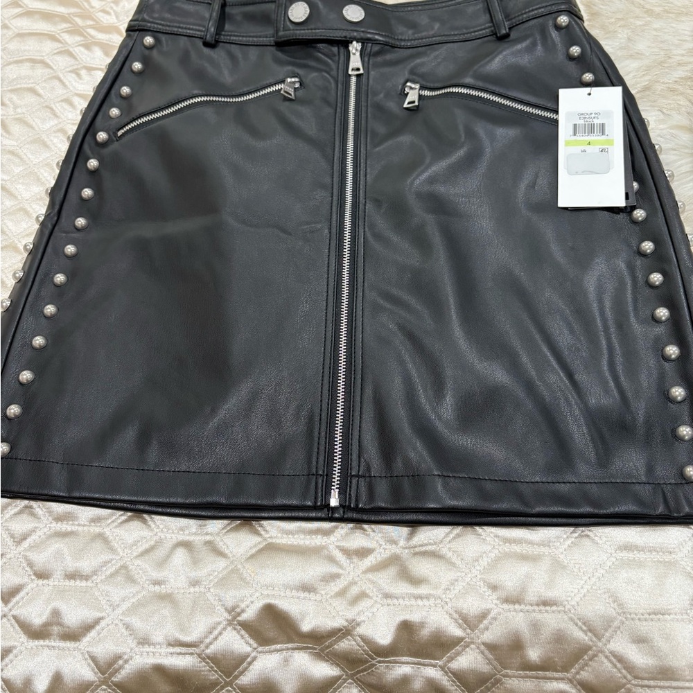 DKNY Black Leather A-Line Skirt with Silver Studs